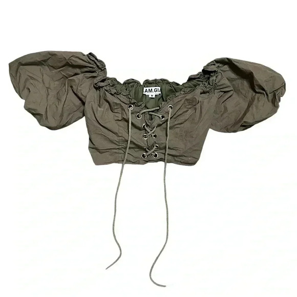 I AM GIA Green Off Shoulder Puff Sleeve Lace Up Corset Cropped Crop Top M - Picture 2 of 8